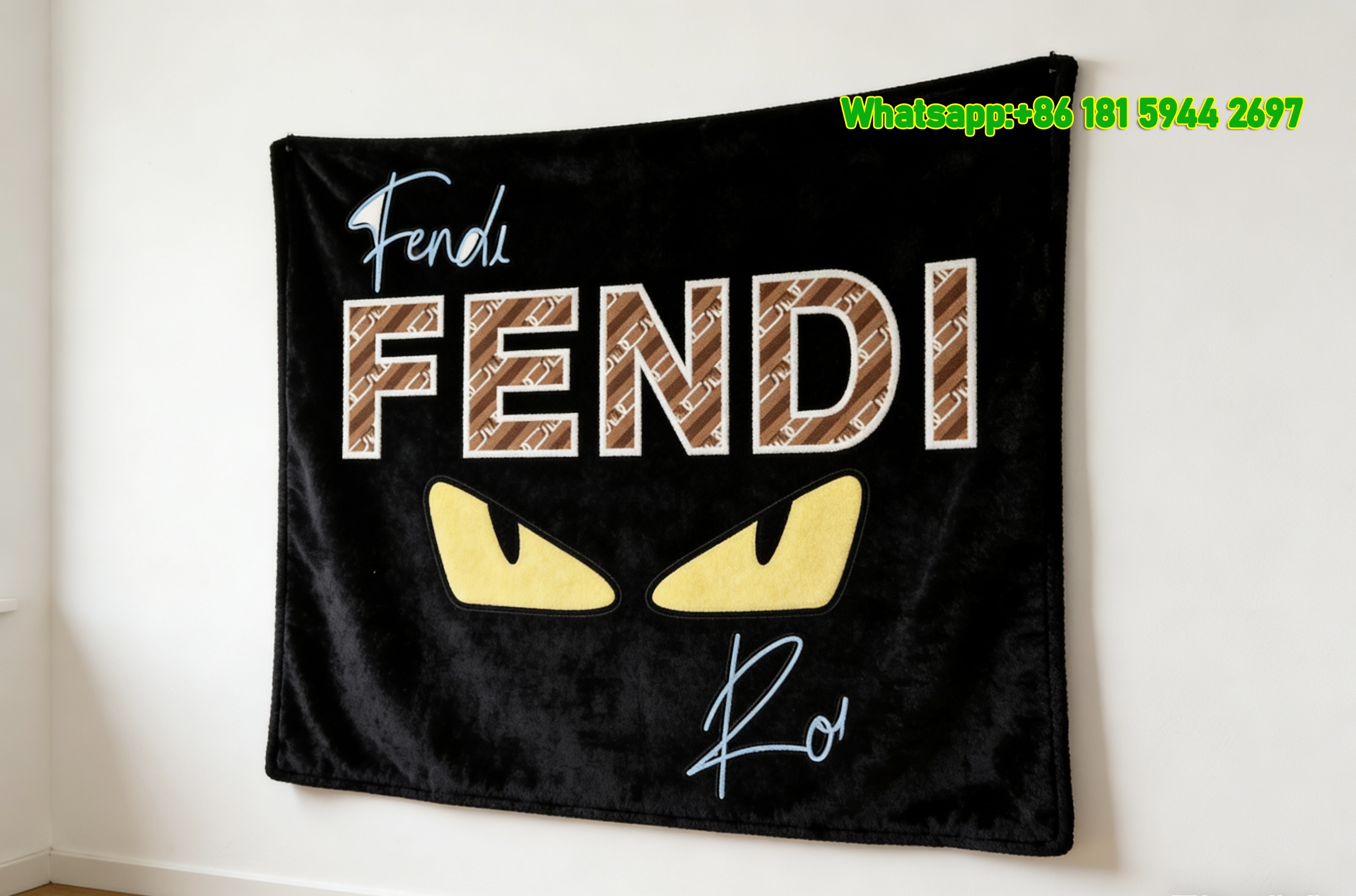 Fendi Black Brown Yellow Monster Eyes FF Monogram Flannel Throw Blanket IMG_9505